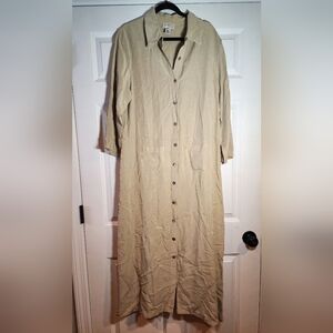 Freeport Studio Tan Khaki Tencel Linen Blend Button Down Maxi Dress L